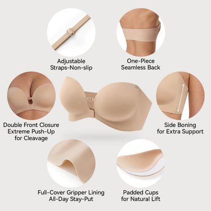 Womens Strapless Front Closure Bra Push Up